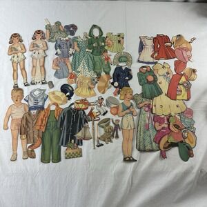 Vtg Paper Doll Lot 1930s 1940s WWII Era 3 Girls & 1 Boy W/ Outfits Bill Edith